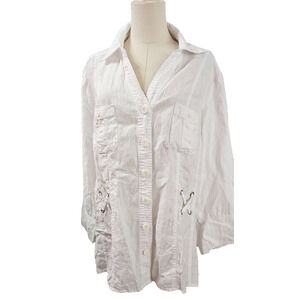 Sara Isabella Top White Sz 2X 100% Linen Long Lagenlook Tunic Long Sleeve‎